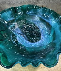 Vtg Imperial Glass GREEN SWIRL ROSE FLORAL Footed Bowl Compote Ruffled Rim