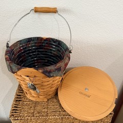 Longaberger Classic Autumn Fall Pail Basket Leaves Liner Protector Acorn & Lid