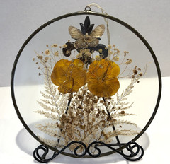 Silver Framed Round Dried Flowers & Butterfly Glass Hanging Window/Wall Decor