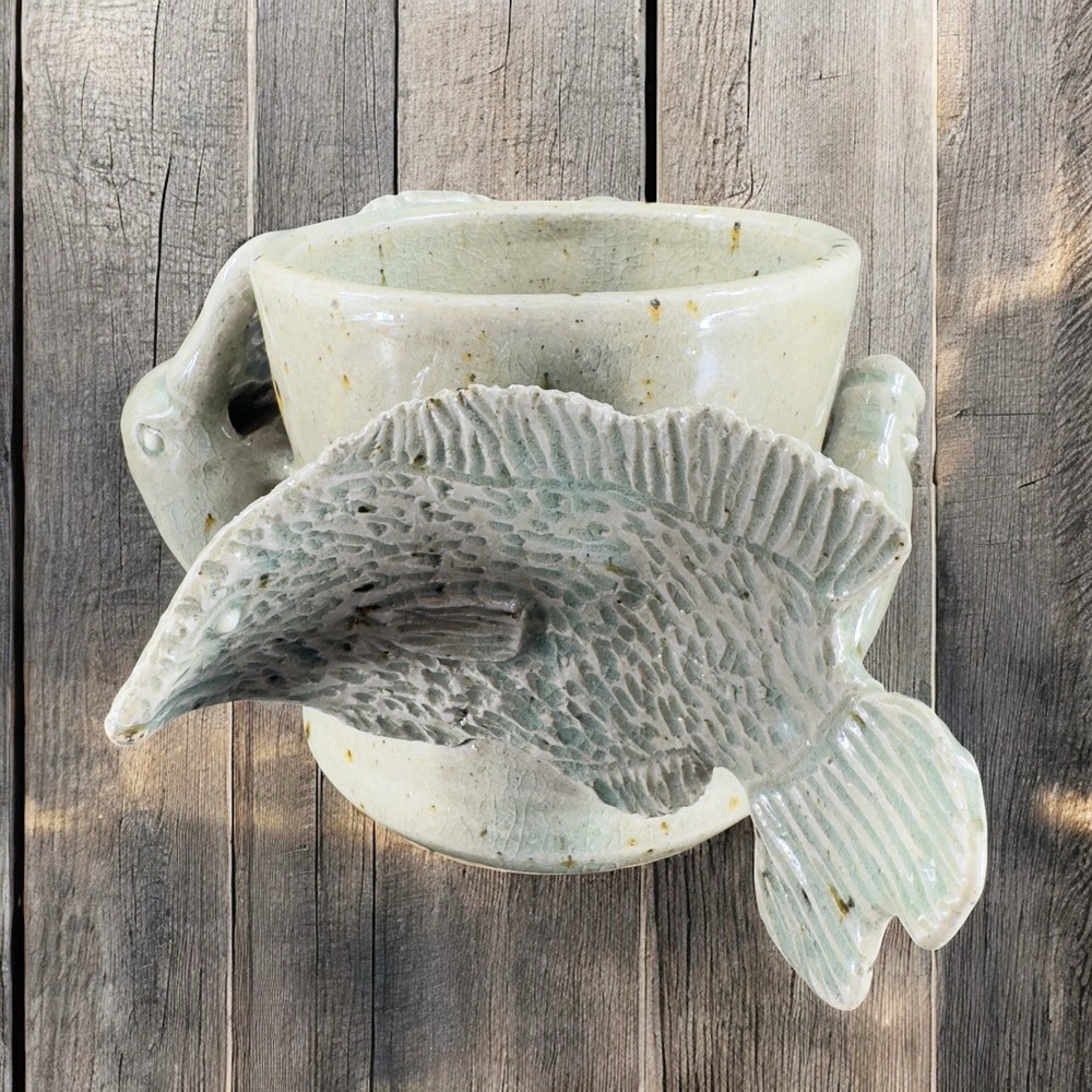 Hand Made Stoneware Pottery Large Heavy Mug Cup 3D Sea Creatures Marked Handle