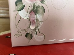 Vtg Metal Letter Wall 3 Pocket Pink Tole Painted Roses & Signed