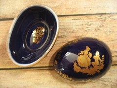 Limoges Porcelain Castel Egg Trinket Dish Colbalt Blue Gold France