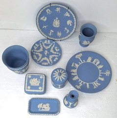 Wedgwood Assorted Lot Of 9 Pieces Blue Jasperware Montreal Olympics Plate, Vase