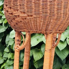 Vintage Wicker Plant Stand With Basket Top Lower Shelf Bead Accents 27″ MCM Boho