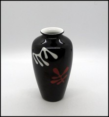 Noritake MCM Modernist Black Glaze Small Bud Vase Abstract Leaf Motif 4.75in