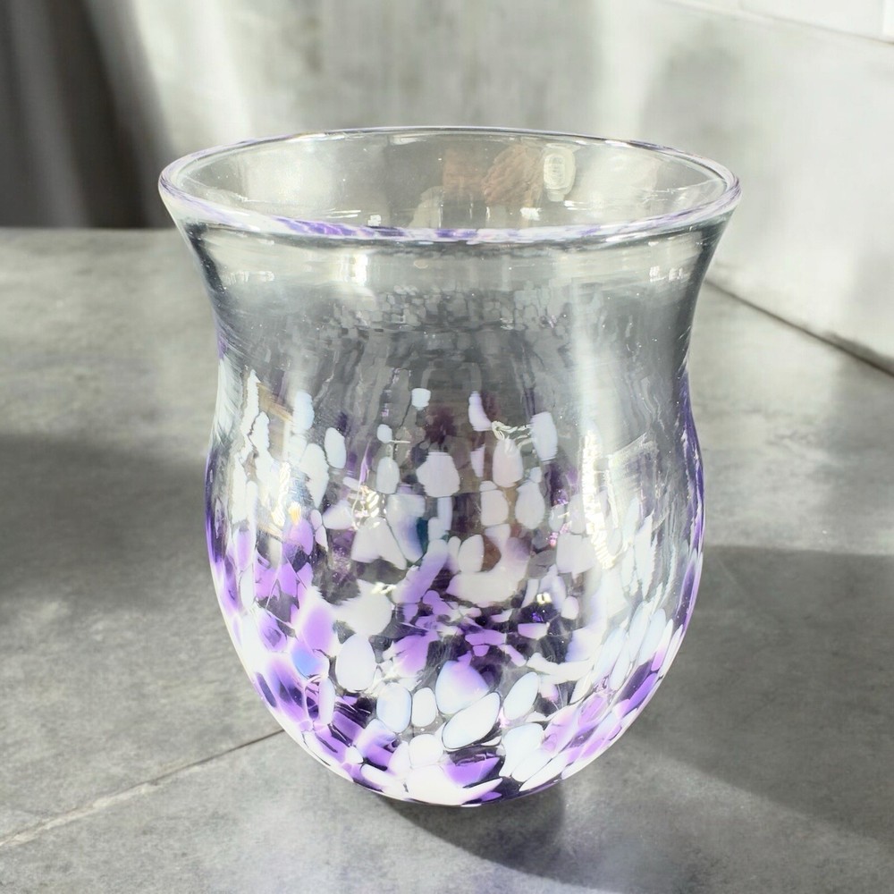Hand Blown Art Glass Single Tumbler Candle Holder Votive Purple White Spots VTG