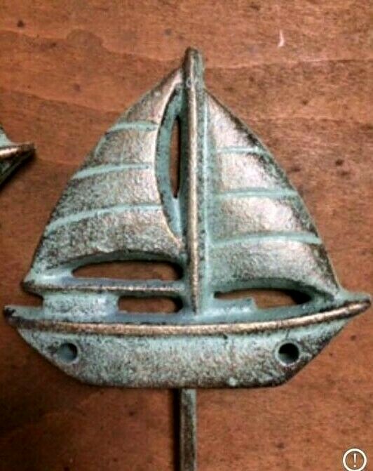 SAILBOAT HOOK with Antique Green Patina heavy duty cast iron sea ocean beach 5″