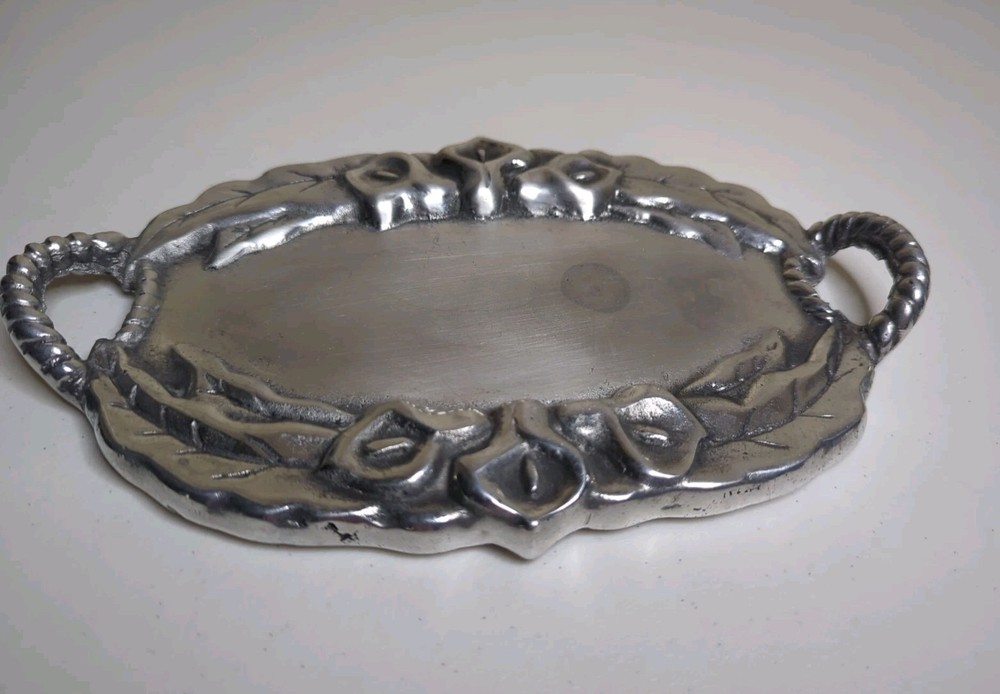 Vintage Decorative Tray Oval Cast Aluminum Floral Design Twisted Rope Handles