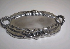 Vintage Decorative Tray Oval Cast Aluminum Floral Design Twisted Rope Handles