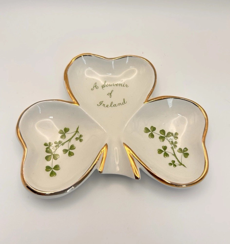 Arklow Shamrock Three Leaf Trinket Dish Tray Gold Trim Made in Ireland