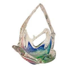 Hand Blown Murano Art Glass Basket Bowl Handle Ruffled Rim Blue Green Pink Swirl