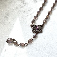 1928 Vintage Bronze Tone Purple Butterfly Pendant Station Necklace Boho Dainty
