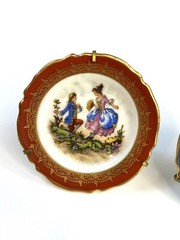 Limoges France Miniature Porcelain Decorative Plates Lot of 2 -Gold Trim & Stand