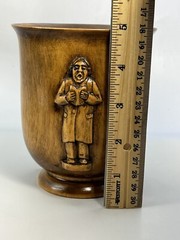 Vintage Carved Wooden Folk Art Cup Vase Vessel 3 Carved Wood Figures SIGNED 4.8″