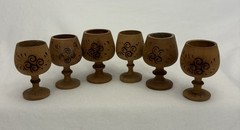 Wooden Pyrography Folk Art Decanter With 6 Stem Cups & Serving Tray VINTAGE