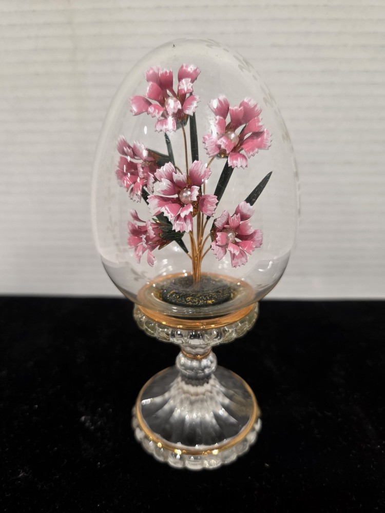 Vintage Franklin Mint Crystal Egg Pink Flower Gold Trim Etched Glass