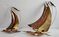 2 Unique Mid-Century Brass, Copper & Wood 8″ & 10.5″ Sailboat Wall Hangings