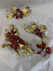 Home Interiors & Gifts Metal Poinsettia Wall Plaques brass and red 3 piece