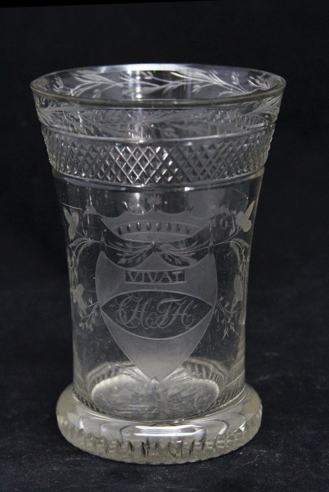 antique 18th C engraved Wedding Beaker glass, initials C.H & T.H and VIVAT 1787