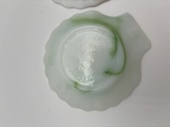 2 Akro Agate Clam Shell Green & Brown White Swirl Glass Trinket Dish Ashtray