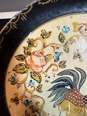 VTG Black Cream Paper Mache Tole Tray French Country Rooster Vines Flowers 9 in