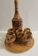 Vintage Wooden Pyrography Folk Art Decanter with 5 Stem Cups and Serving Tray