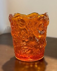 VTG Amberina Orange Daisy Tulip Glass Votive Toothpick Holder 2 1/2 Floral Glows