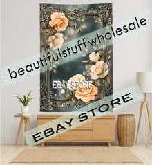 Scene Gothic Wall Tapestry Elegant Roses ornate border framing 59X82 in
