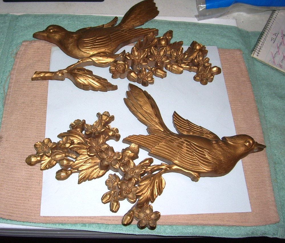 Vintage Syroco Homco Plastic Resin Gold Birds & Flowers Wall Decor #7037 Pair (2