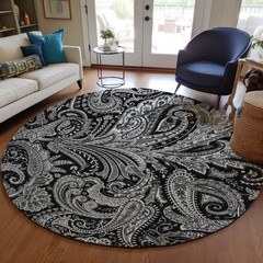 8′ Black Gray And White Round Paisley Washable Rug