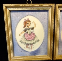 Vintage Ballerina Girls Wall Art 1951 Set of 2 Framed Matted 5″x6″