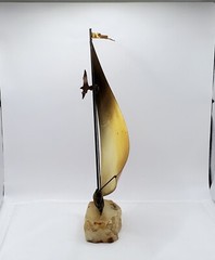 MCM Brass Sailboat 13″H Signed De Mott Sculpture Onyx Base Clipper Ship Sailing