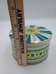 Vintage Art Deco 1930s Colorful Tin Container Round Storage Teal Yellow Silver