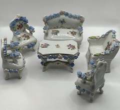 German ELFINWARE Porcelain Furniture, 6 pcs set, Hand painted, Gilded – MINT