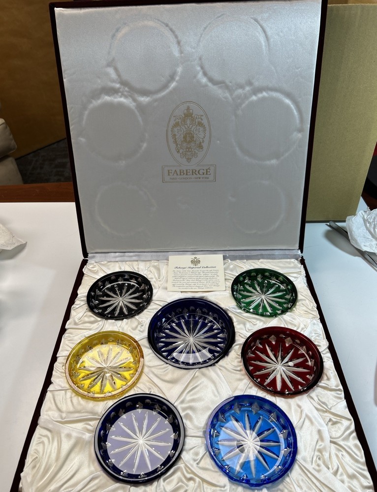 Faberge Imperial Collection 7 Piece Wine Bottle And Coaster Set Signed With Case