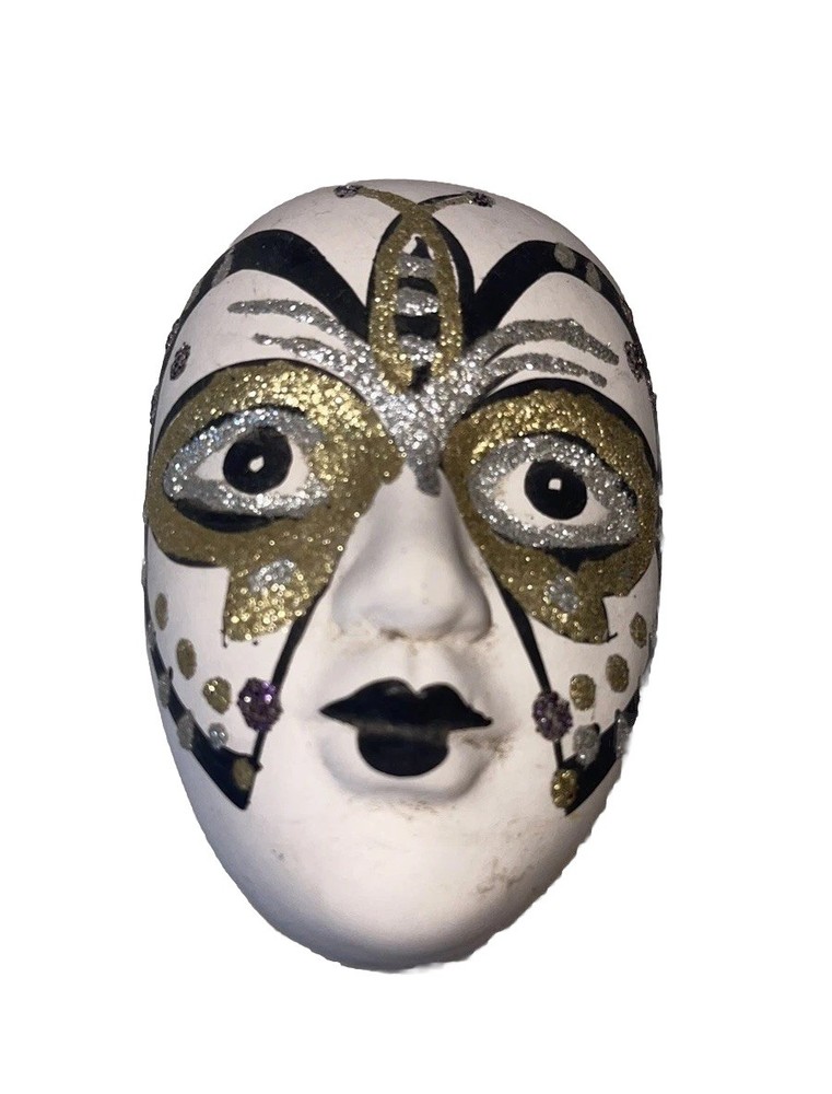 Vintage Ceramic Hand Painted Mask Trinket Box Sparkle Butterfly Fun