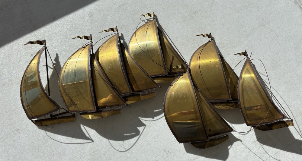 Vintage MCM DEMOTT Brass Sailboats Metal Wall Hanging Art Sculpture Signed
