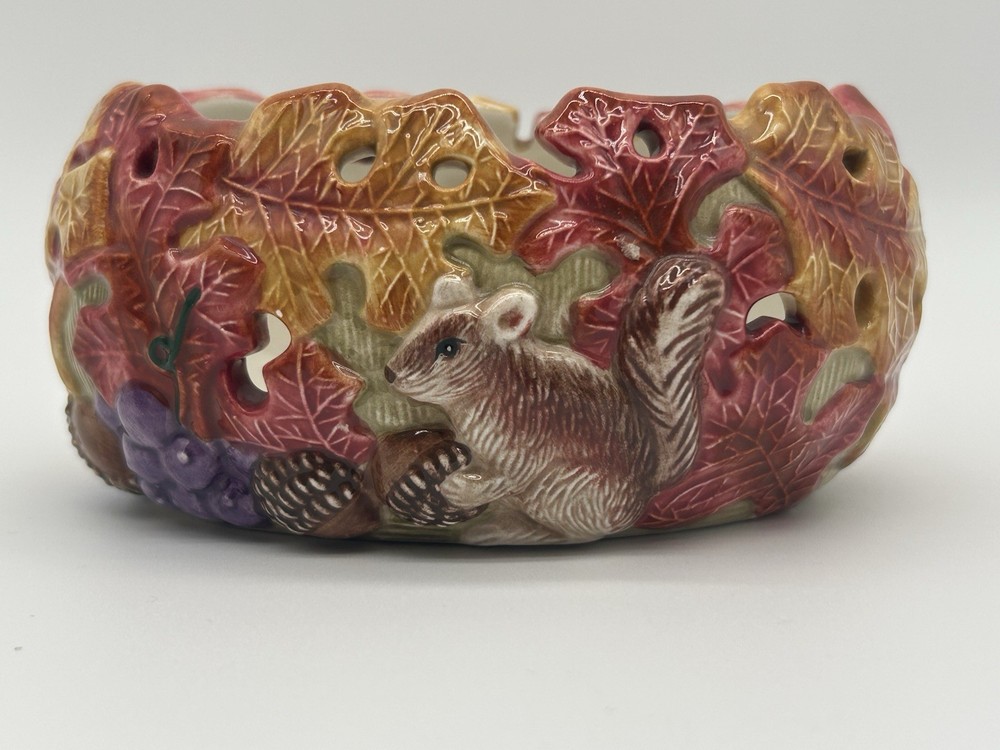 Fitz And Floyd Ceramic Dish Reticulated Design Autumn Leaves Squirrel Acorns