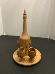 Vintage Wooden Pyrography Folk Art Decanter with 4 Stem Cups and Serving Tray