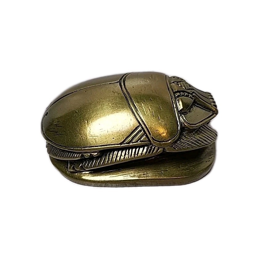 Vintage Solid Brass Egyptian Scarab Beetle Hieroglyphics Base Paperweight Heavy