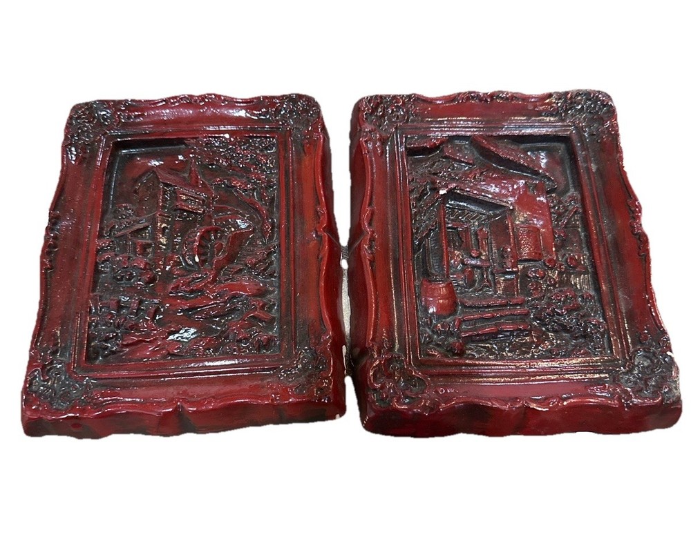 Vintage Asian Red Lacquer Wall Plaques Village Relief Art Decor Set of 2