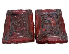 Vintage Asian Red Lacquer Wall Plaques Village Relief Art Decor Set of 2