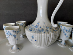 ANTIQUE LIMOGES GERAUD BROUSSEAU RELIEF BONE CHINA COGNAC DECANTER 6 CUPS FRANCE