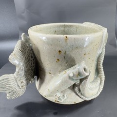 Hand Made Stoneware Pottery Large Heavy Mug Cup 3D Sea Creatures Marked Handle