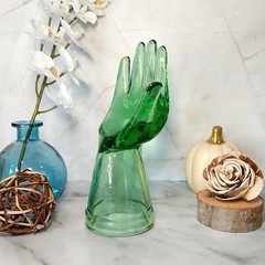 Green Depression Style Glass Hand Ring Holder, Jewelry Box, VTG Style, Retro