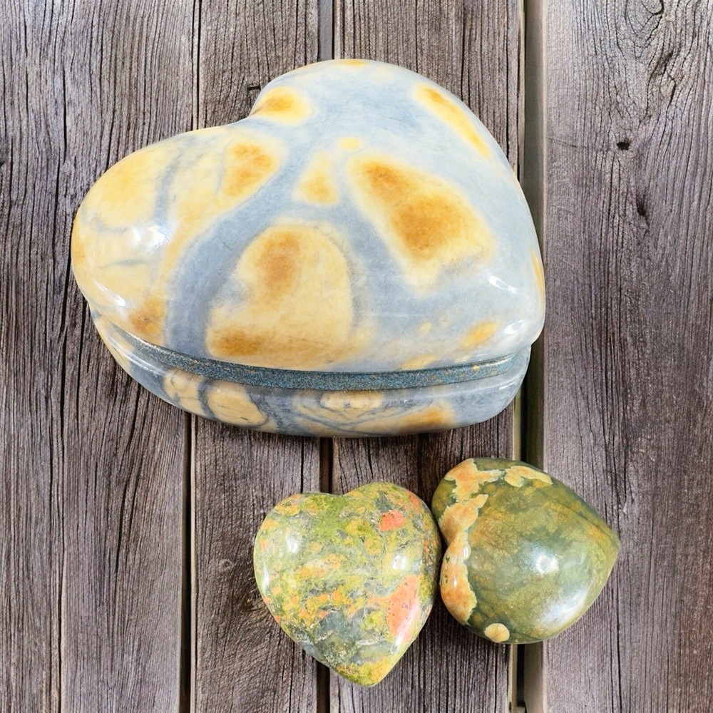 Vintage Hand Made Carved Jasper Heavy Stone Marble Heart Trinket Holder W Hearts