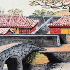 Japanese Watercolor/Gouache, Pagodas & River Bridge Scene, Unframed, Collectable