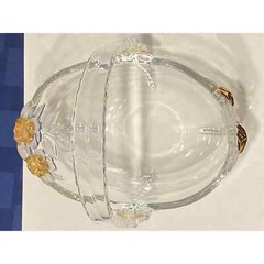 MIKASA GLASS BASKET PLASTIC REMOVABLE HANDLE GOLD ROSES W/FROSTED LEAVES 8″ LONG