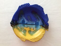 Ceramic Stoneware Pottery Fish Plate Candy Nut Dish Bowl Blue Drip Glaze Greece