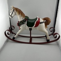 Rare Vintage Christmas Rocking horse Ceramic W/Metal. Ledge/shelf Decor 15 X 10